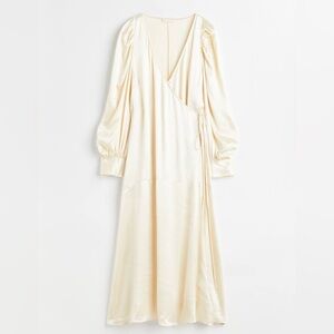 H&M Cream Satin Wrap Midi Dress with Long Sleeves